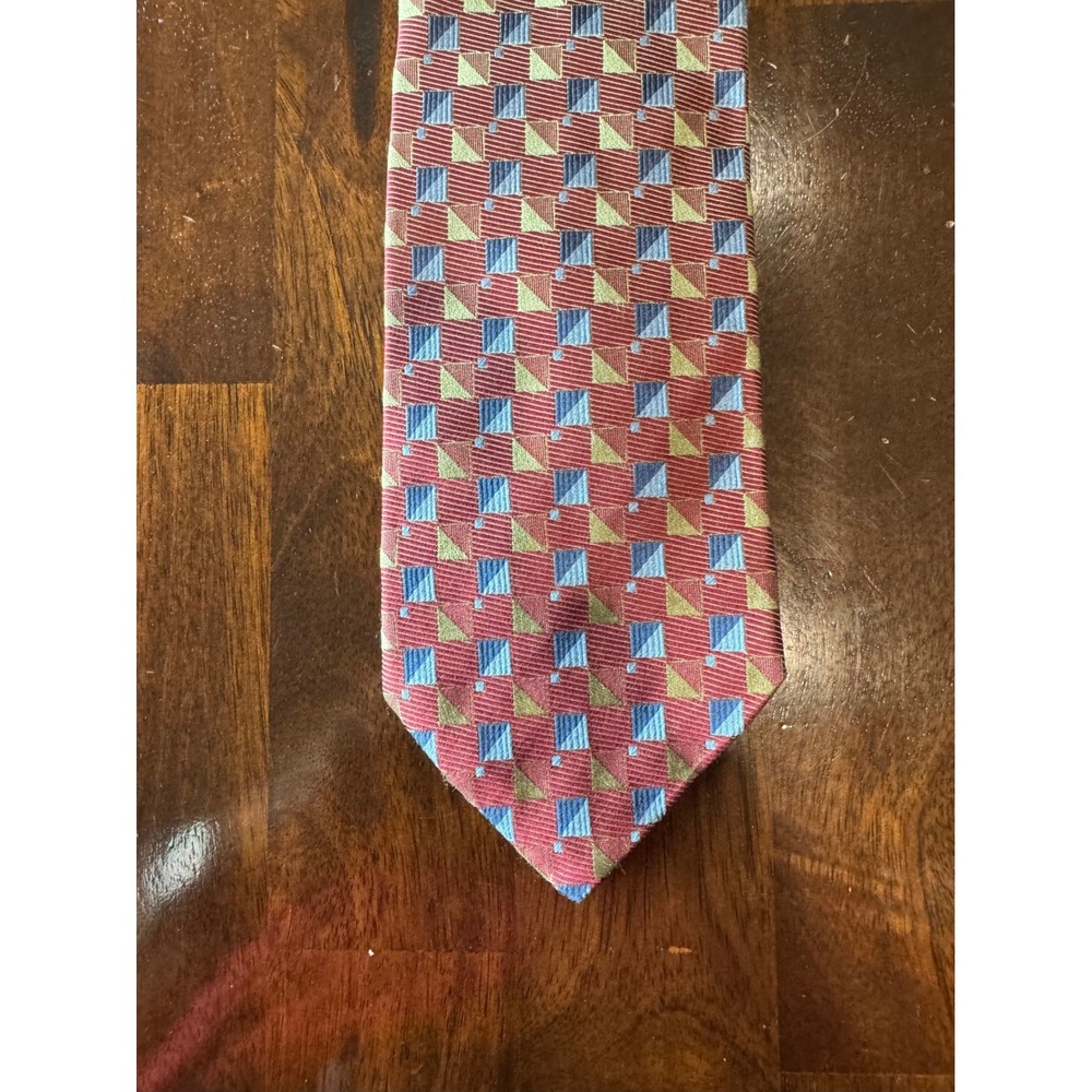 XMI Mens Red Blue Gold Geometric Silk Tie Hand Made USA Italian Fabric